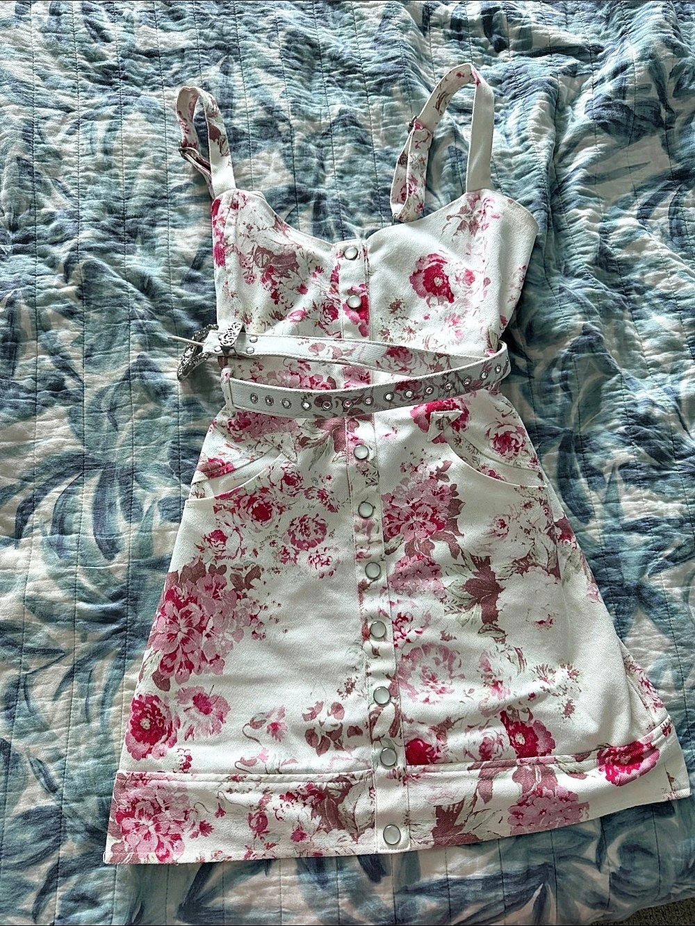 for Love & Lemons Weston Denim Mini Dress White & Pink Large